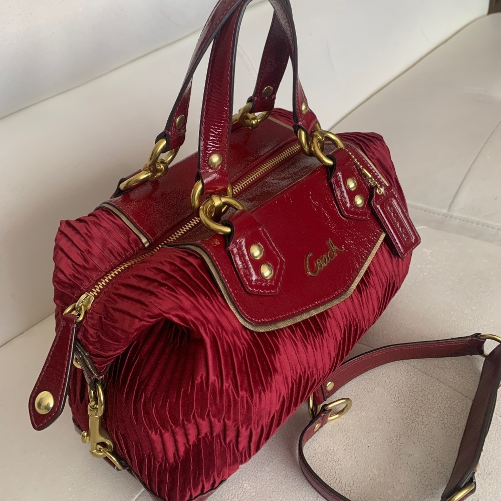 Coach Ashley Gathered Satin and Patent Leather Satchel in Bordeaux Med. Burgundy - Picture 3 of 16
